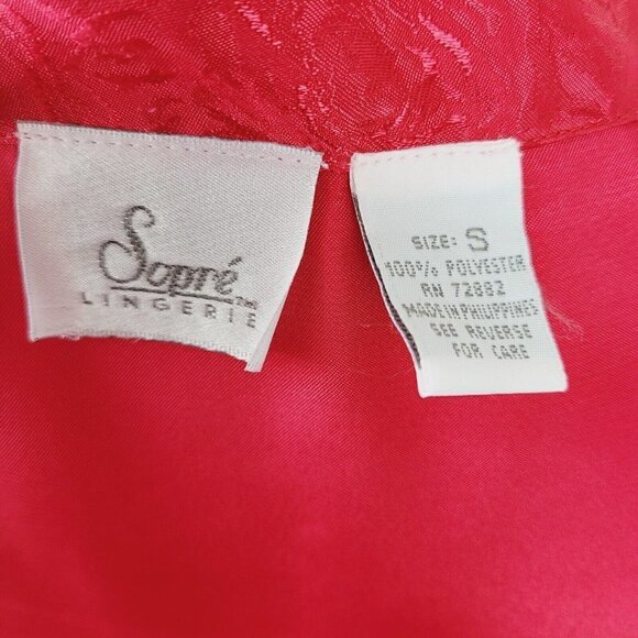 Sopre Lingerie Satin Robe Red Shiny Satin Floral Tonal Trim Sz Small Tie Waist - Picture 7 of 7